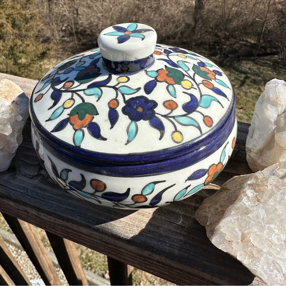 Jerusalem Handpainted Floral Ceramic Lidded Vintage Bowl